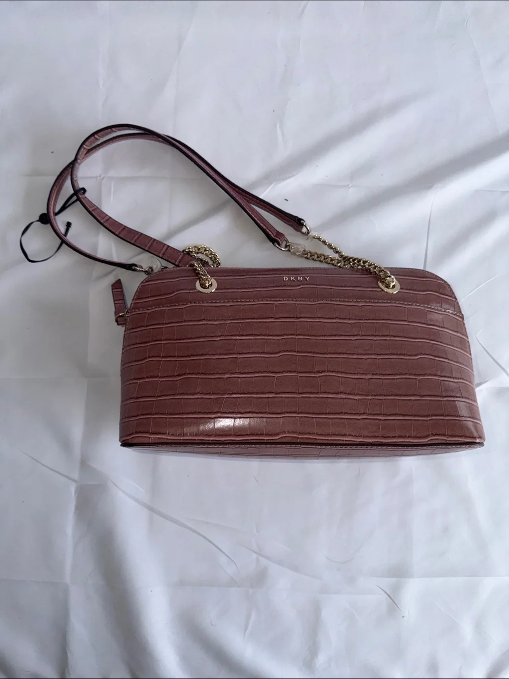 DKNY Croc-Embossed Mauve Shoulder Bag with Gold Chain